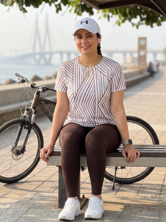 Urbane Lines Design Print | Activewear Coord Set Tshirt With Tummy Tuck Brown Leggings | Multi Sport | Odour Free