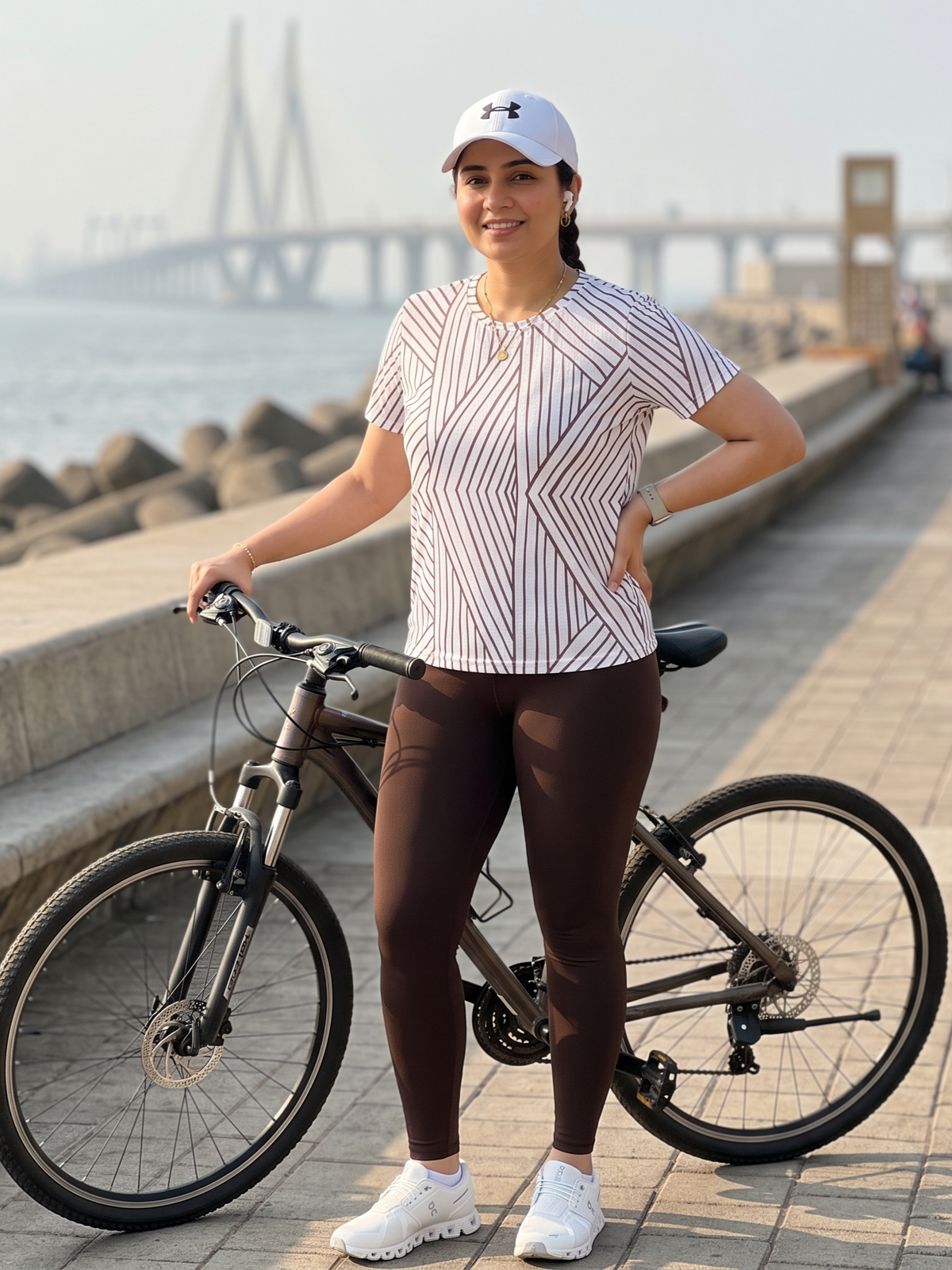Urbane Lines Design Print | Activewear Coord Set Tshirt With Tummy Tuck Brown Leggings | Multi Sport | Odour Free
