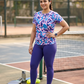 Refined Geometric Design Print | Activewear Coord Set Tshirt With Tummy Tuck Purple Leggings | Multi Sport | Odour Free