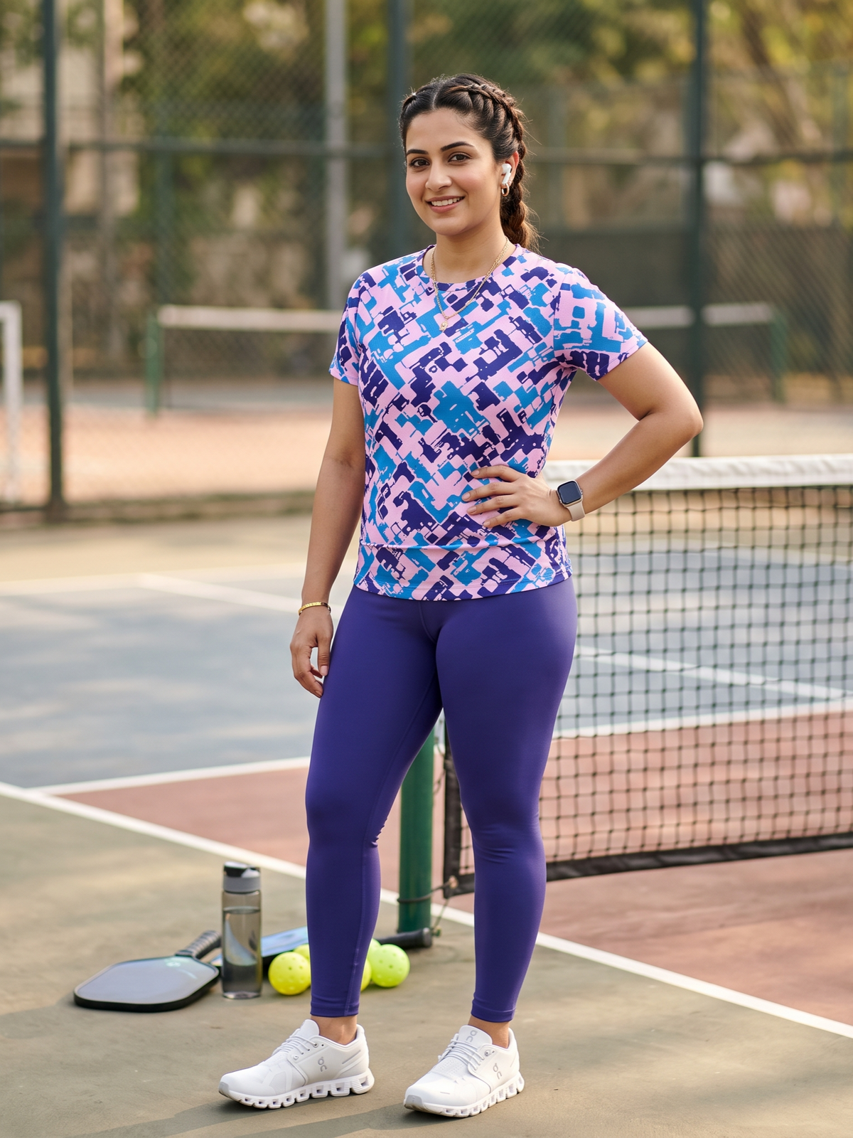 Refined Geometric Design Print | Activewear Coord Set Tshirt With Tummy Tuck Purple Leggings | Multi Sport | Odour Free