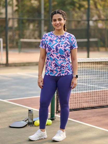 Refined Geometric Design Print | Activewear Coord Set Tshirt With Tummy Tuck Purple Leggings | Multi Sport | Odour Free
