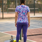 Refined Geometric Design Print | Activewear Coord Set Tshirt With Tummy Tuck Purple Leggings | Multi Sport | Odour Free