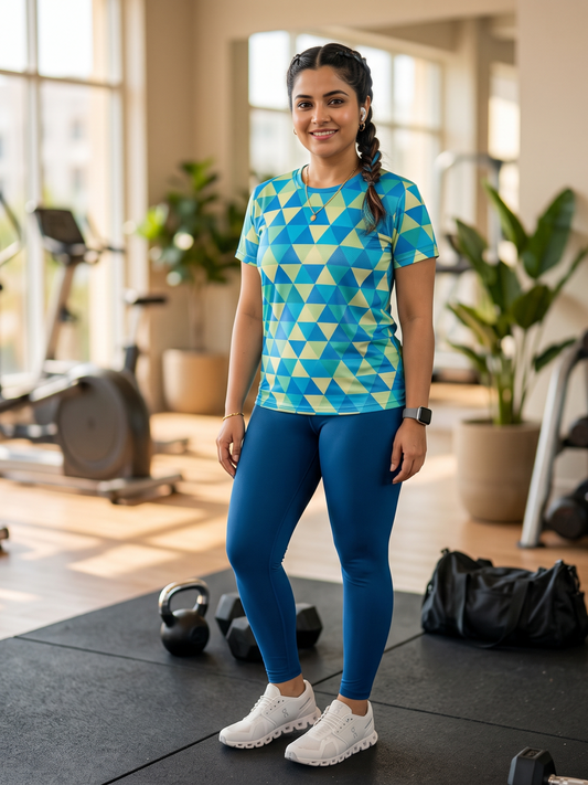 Trending Triangular Design Print | Activewear Coord Set Tshirt With Tummy Tuck Blue Leggings | Multi Sport | Odour Free