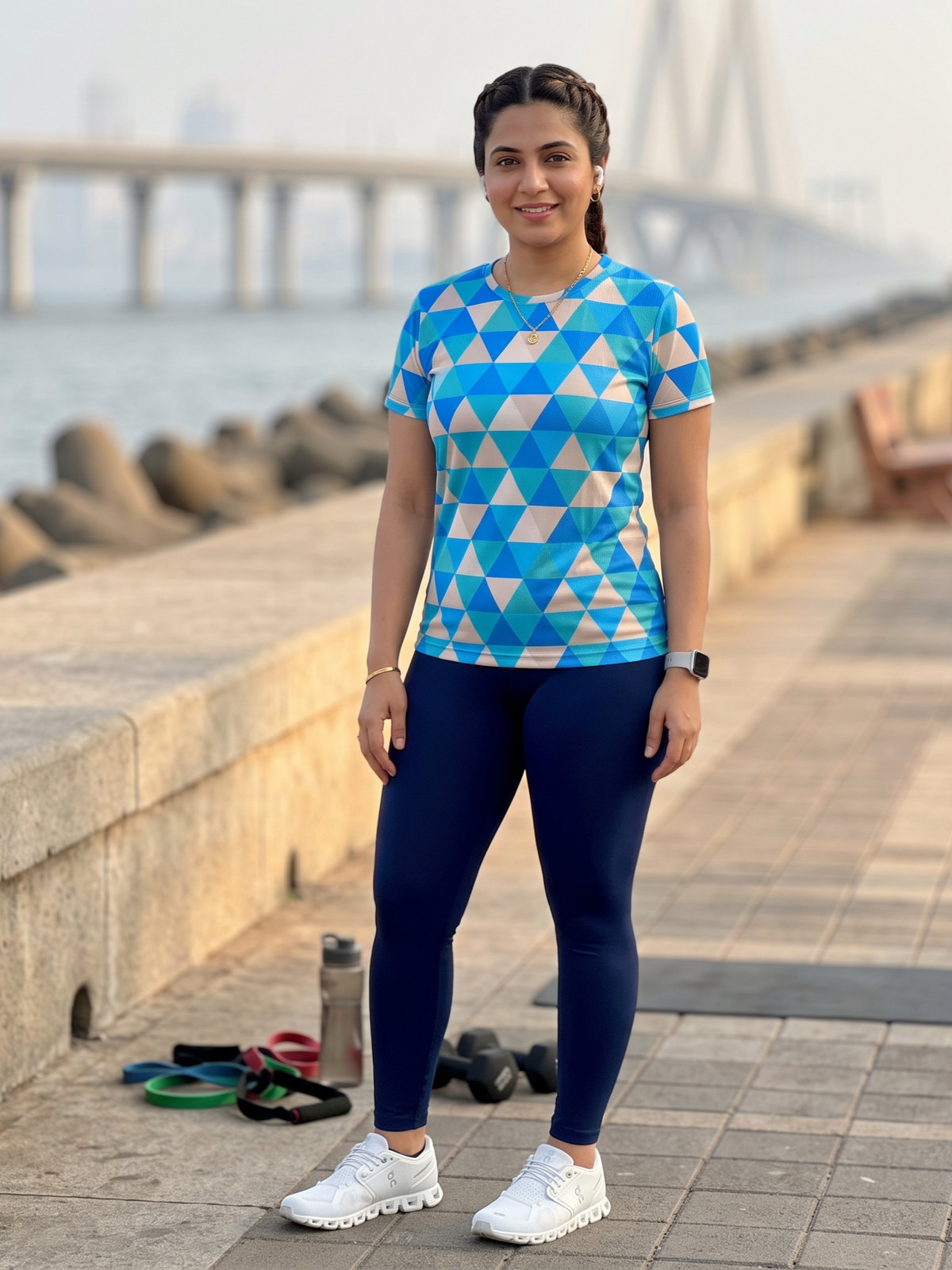 Latest Style Triangular Design Print | Activewear Coord Set Tshirt With Tummy Tuck Blue Leggings | Multi Sport | Odour Free