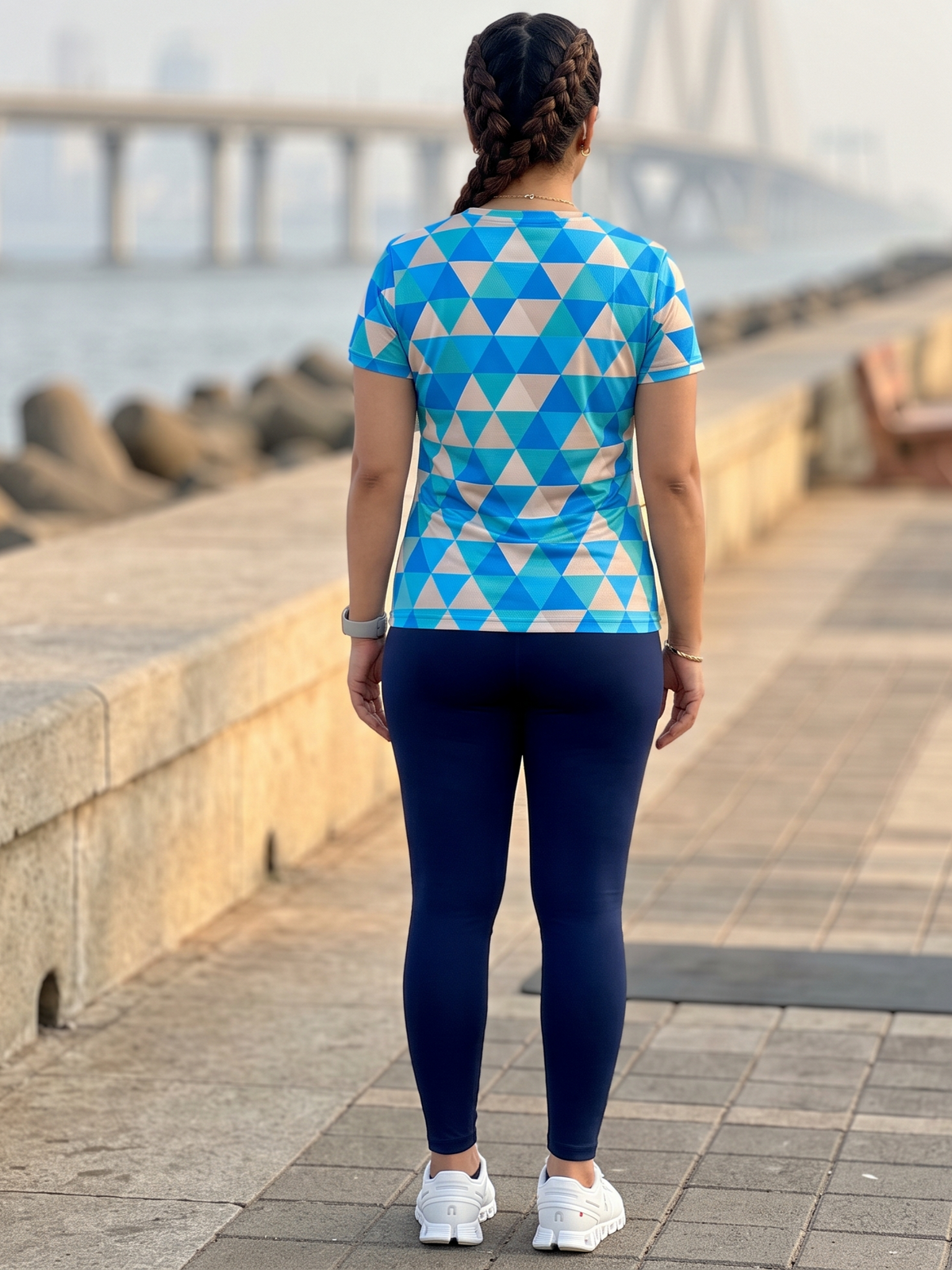 Latest Style Triangular Design Print | Activewear Coord Set Tshirt With Tummy Tuck Blue Leggings | Multi Sport | Odour Free