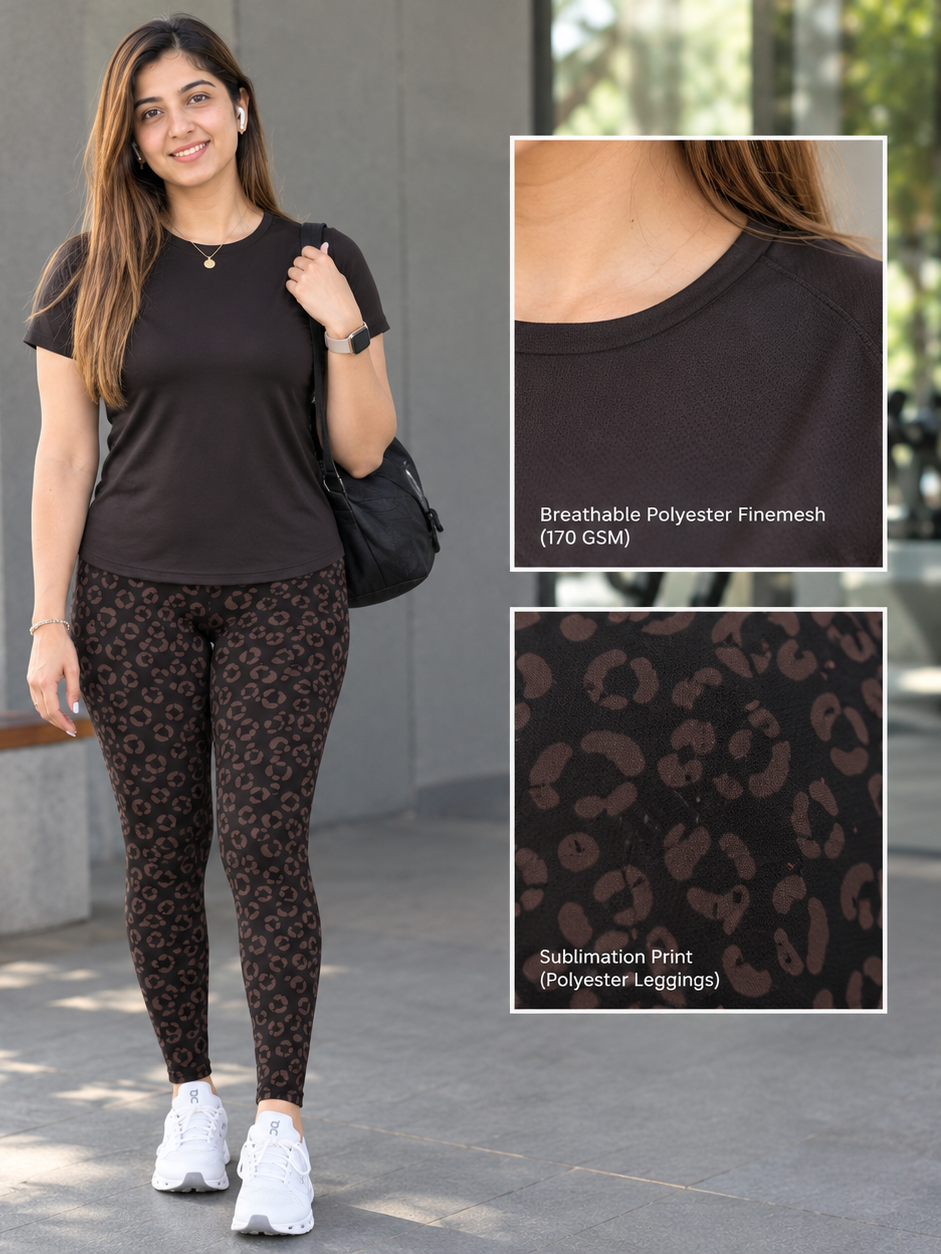 Popular Solid Tee With Leopard Print | Activewear Coord Set Tshirt With Tummy Tuck Leggings | Multi Sport | Odour Free
