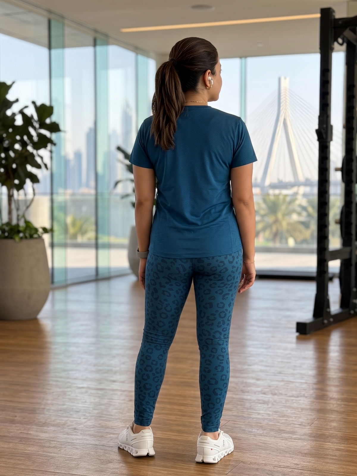 Chic Leopard Print | Activewear Coord Set Tshirt With Tummy Tuck Blue Leggings | Multi Sport | Odour Free