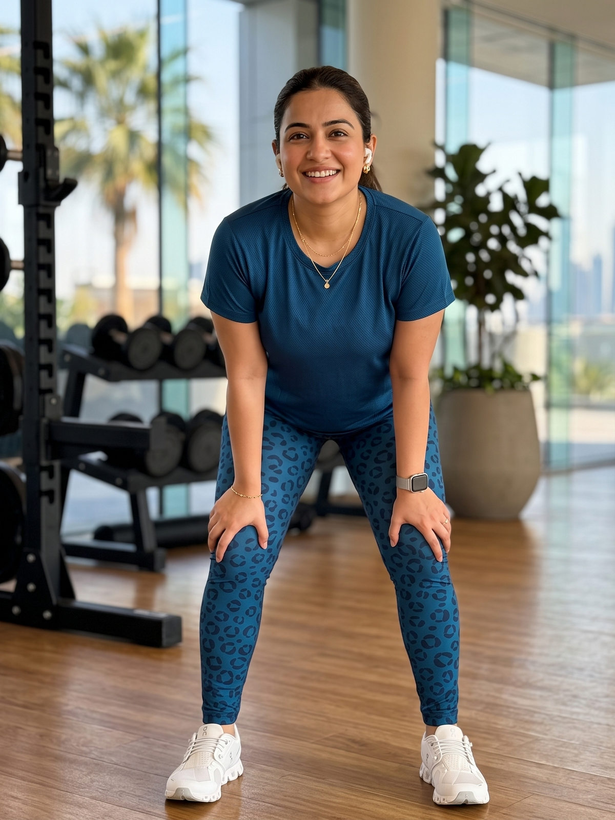 Chic Leopard Print | Activewear Coord Set Tshirt With Tummy Tuck Blue Leggings | Multi Sport | Odour Free