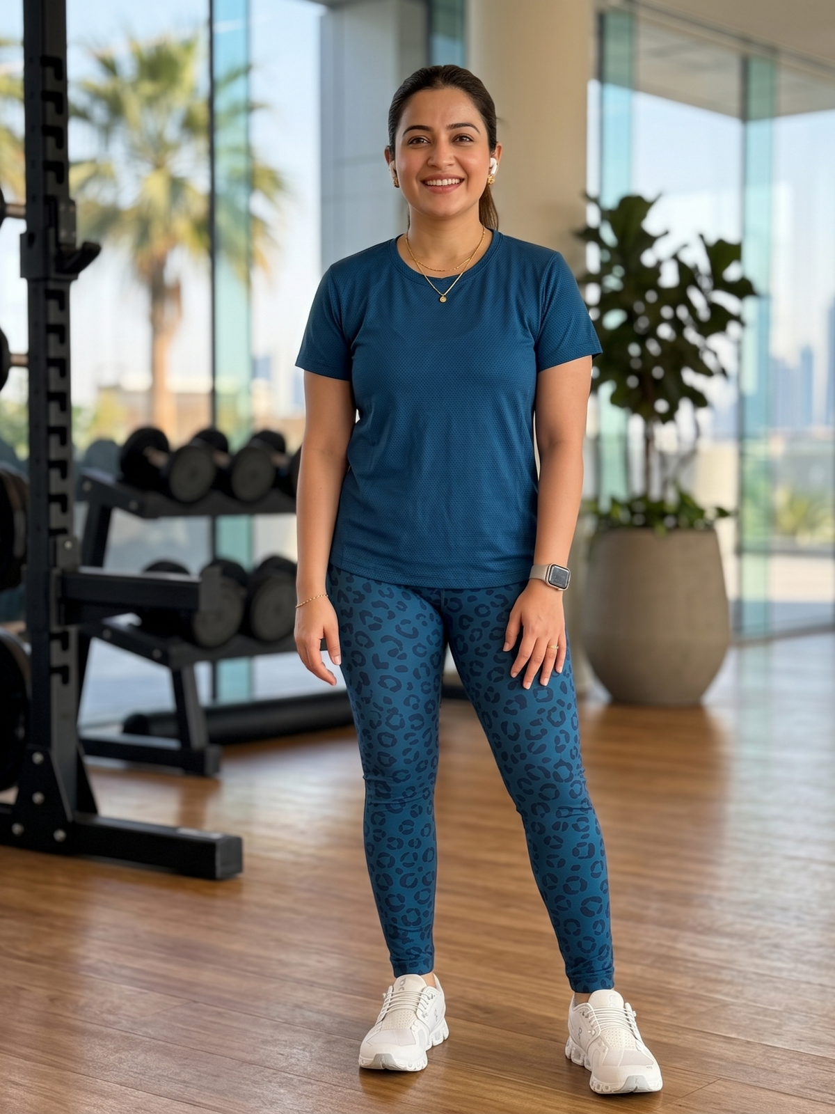 Chic Leopard Print | Activewear Coord Set Tshirt With Tummy Tuck Blue Leggings | Multi Sport | Odour Free