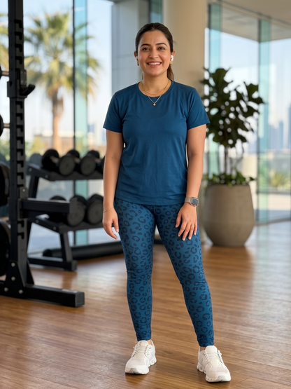 Chic Leopard Print | Activewear Coord Set Tshirt With Tummy Tuck Blue Leggings | Multi Sport | Odour Free