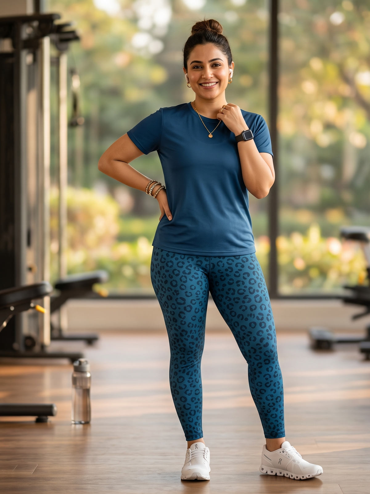Chic Leopard Print | Activewear Coord Set Tshirt With Tummy Tuck Blue Leggings | Multi Sport | Odour Free