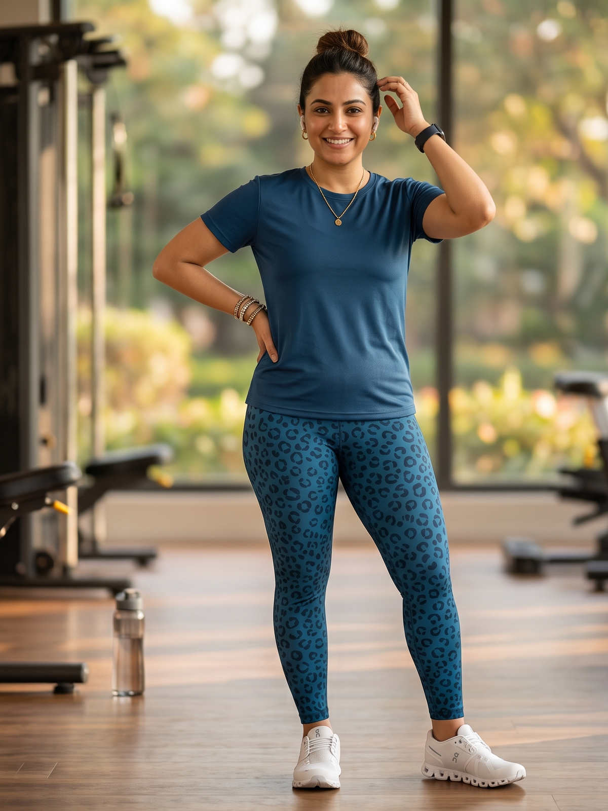Chic Leopard Print | Activewear Coord Set Tshirt With Tummy Tuck Blue Leggings | Multi Sport | Odour Free