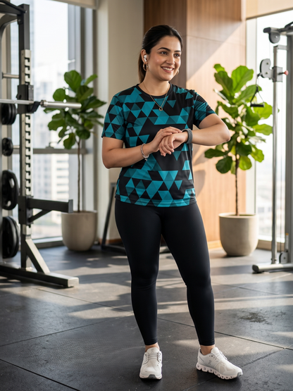 Wonderful Triangular Print | Activewear Coord Set Tshirt With Tummy Tuck Black Leggings | Multi Sport | Odour Free