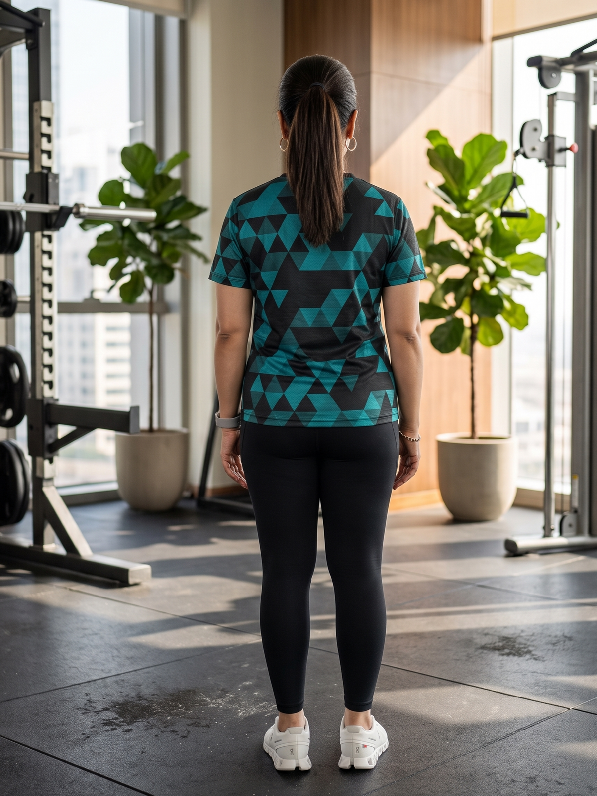 Wonderful Triangular Print | Activewear Coord Set Tshirt With Tummy Tuck Black Leggings | Multi Sport | Odour Free