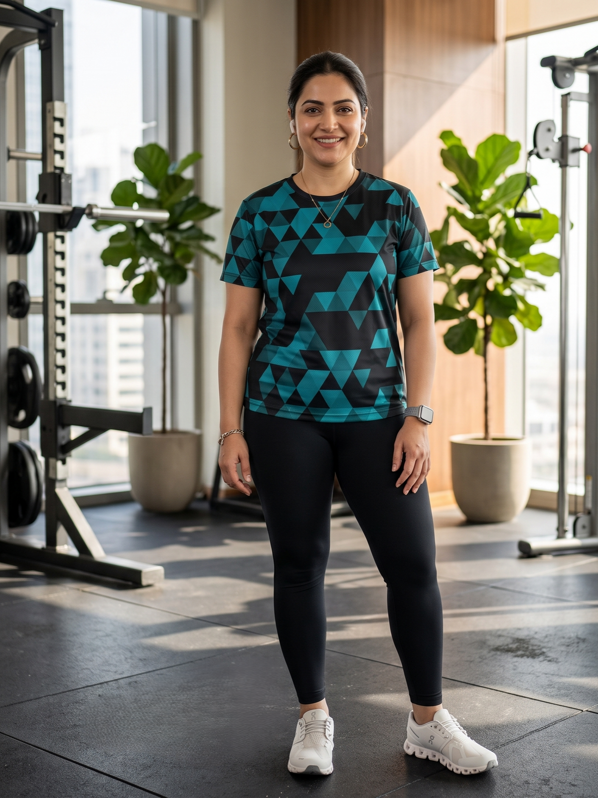 Wonderful Triangular Print | Activewear Coord Set Tshirt With Tummy Tuck Black Leggings | Multi Sport | Odour Free