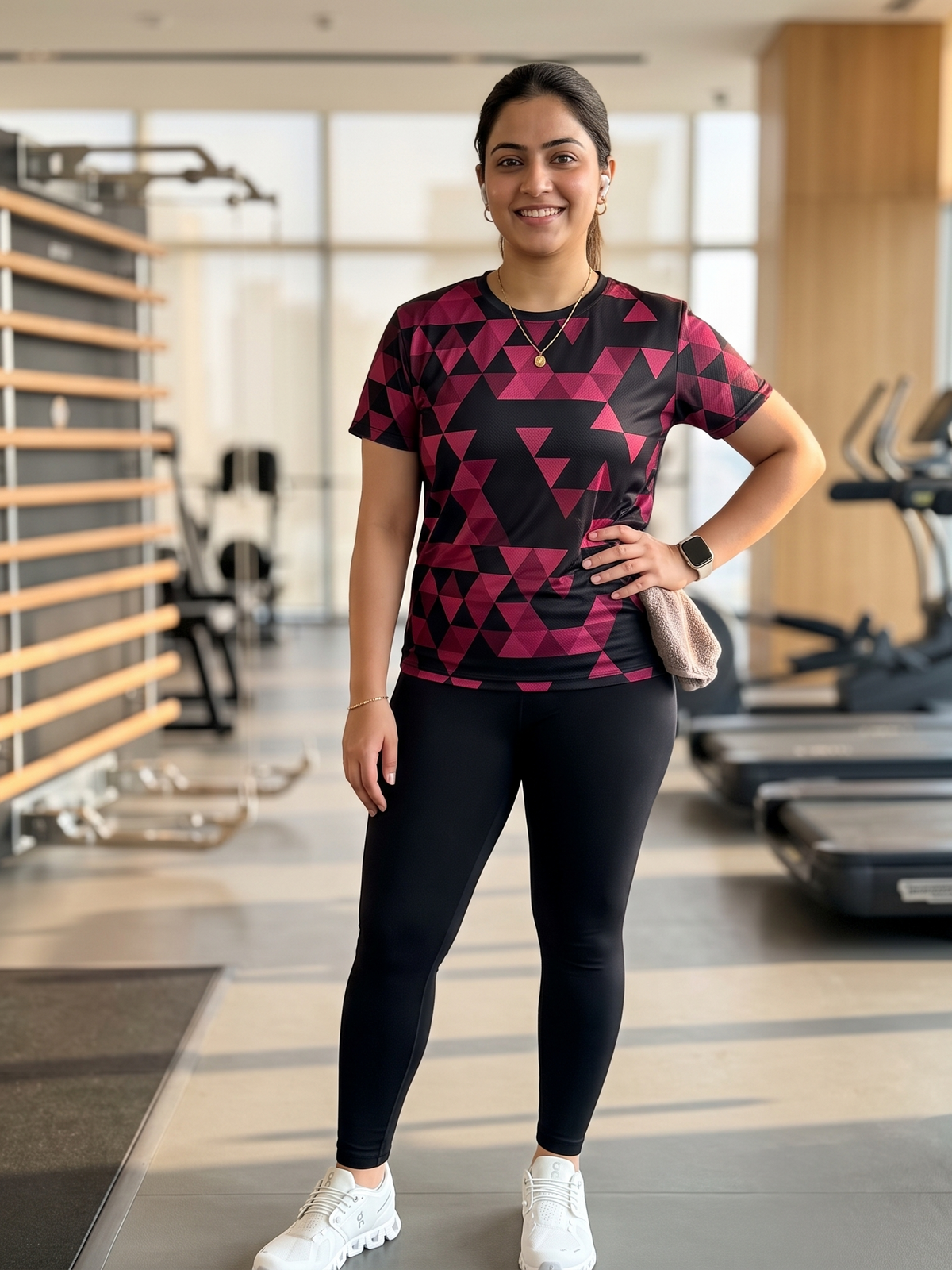 Terrific Triangular Print | Activewear Coord Set Tshirt With Tummy Tuck Black Leggings | Multi Sport | Odour Free
