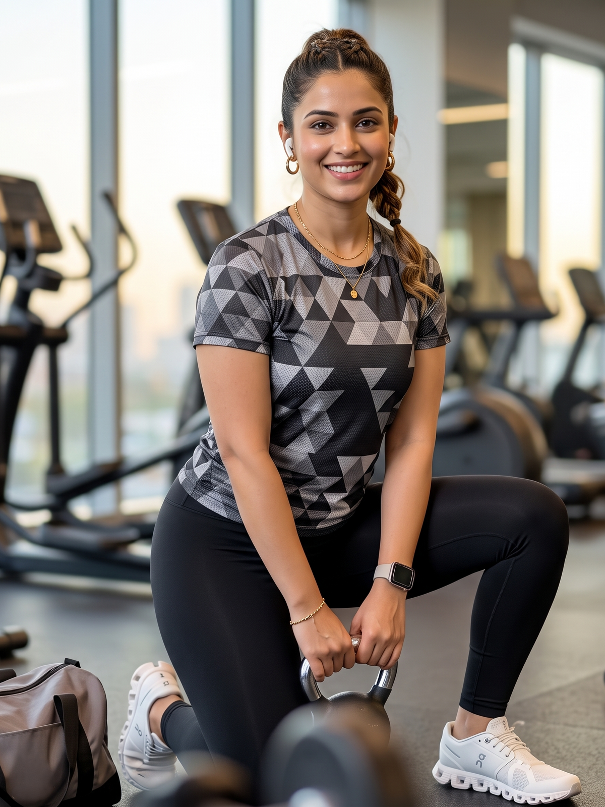 Neat Triangular Print | Activewear Coord Set Tshirt With Tummy Tuck Black Leggings | Multi Sport | Odour Free