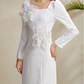 Fabulous Square Collar Slit Slim Flower Decor Long Sleeve White Party Dress