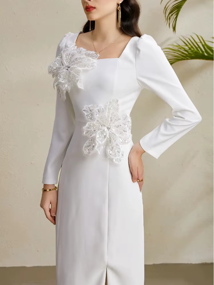 Fabulous Square Collar Slit Slim Flower Decor Long Sleeve White Party Dress