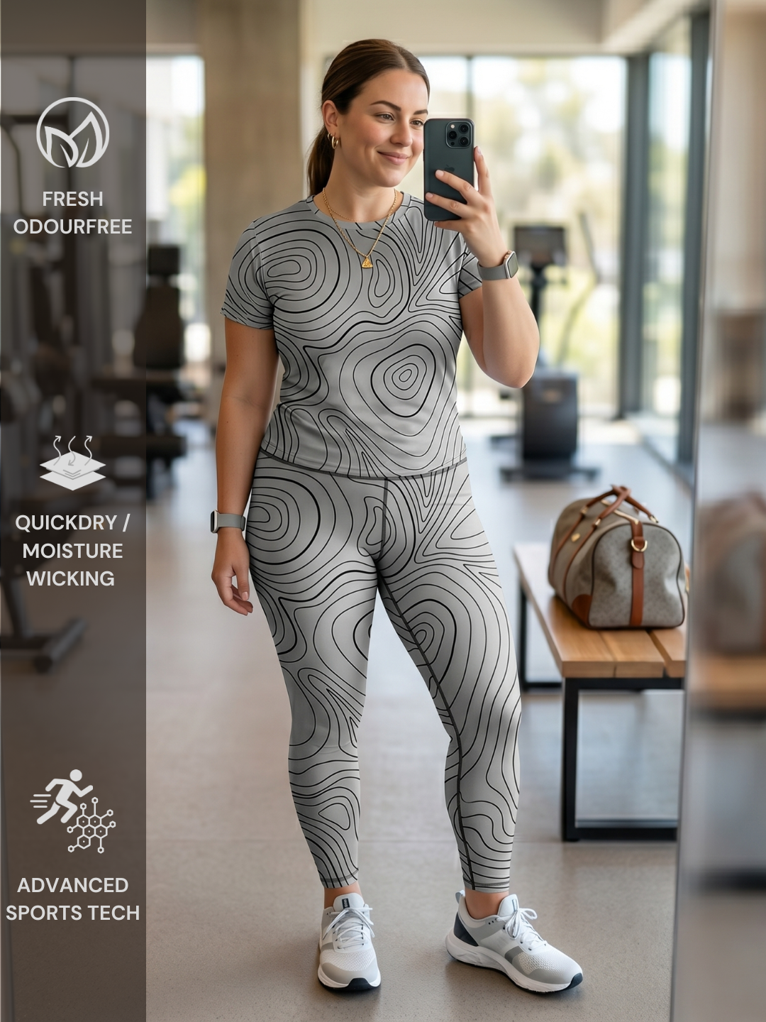 Fresh Grey Swirl Print | Activewear Coord Set Tshirt With Tummy Tuck Leggings | Multi Sport | Odour Free