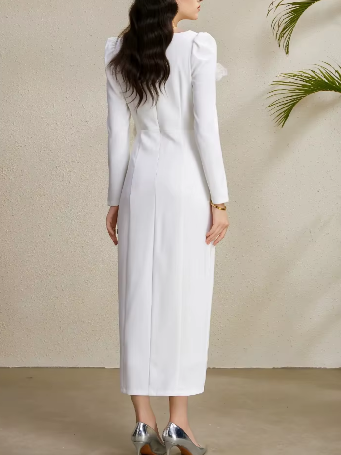 Fabulous Square Collar Slit Slim Flower Decor Long Sleeve White Party Dress