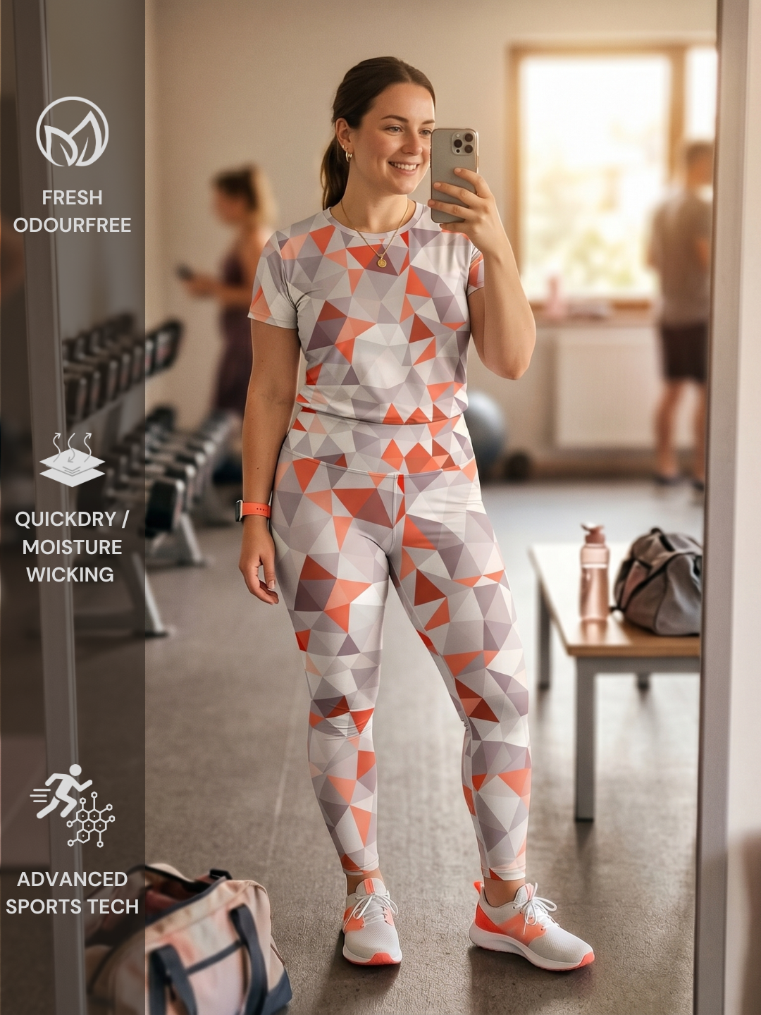 Must Have Geometric Print | Activewear Coord Set Tshirt With Tummy Tuck Leggings | Multi Sport | Odour Free