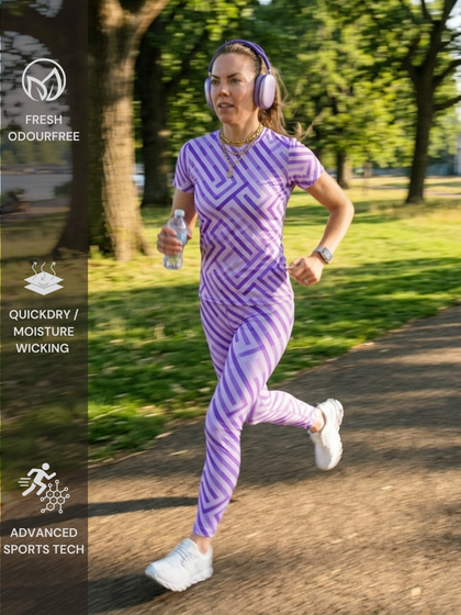 Smart Purple Geometric Print | Activewear Coord Set Tshirt With Tummy Tuck Leggings | Multi Sport | Odour Free
