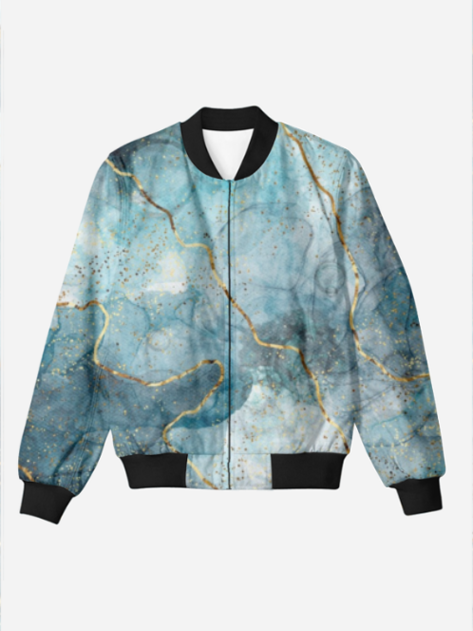 Fashionable Marble Print Bomber Jacket With Leggings Sea Blue Co Ord Set