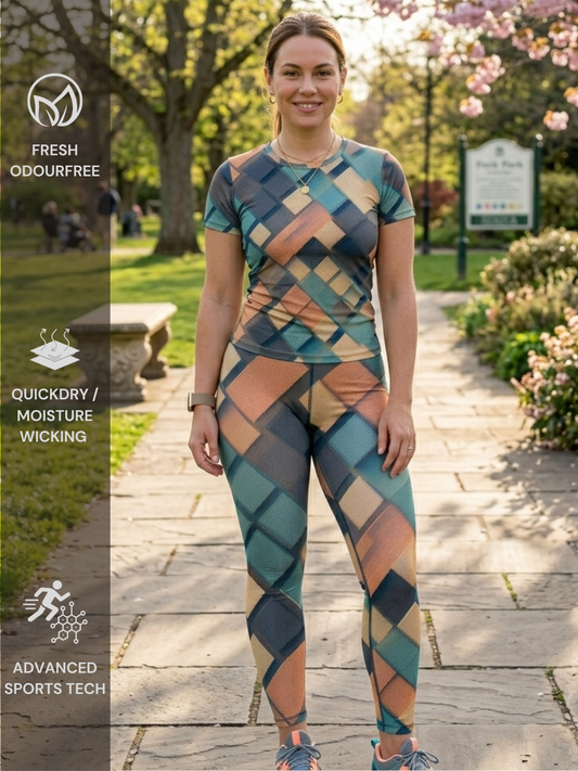 Voguish Geometric Print | Activewear Coord Set Tshirt With Tummy Tuck Leggings | Multi Sport | Odour Free