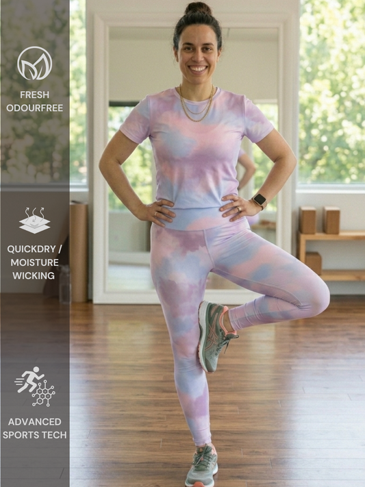 Charming Pastel Gradient Print | Activewear Coord Set Tshirt With Tummy Tuck Leggings | Multi Sport | Odour Free