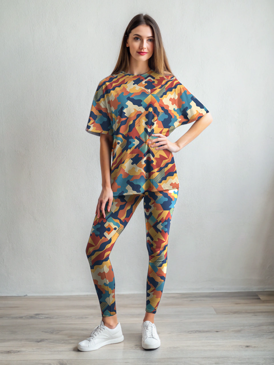 Must Have! Bright Abstract Print Oversized Tee With Leggings Set