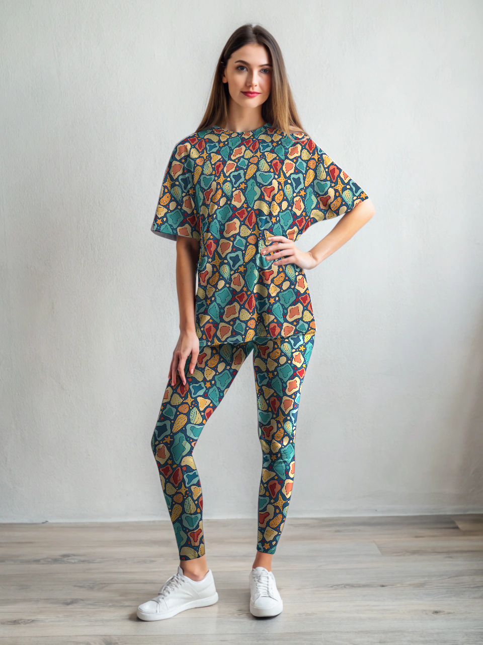 Trendy Abstract Print Oversized Tee With Leggings Set