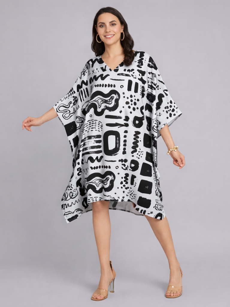 Egyptian Vibe Abstract Print Black Kaftan Dress