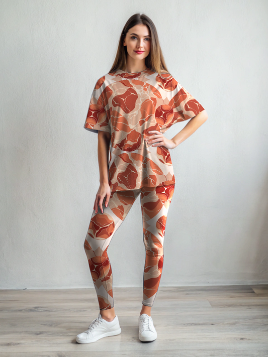 Leisure Wear Orange Abstract Print Oversized Tee With Leggings Set