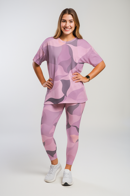 Fashionable Pink Camouflague Print Premium Oversized Tee With Tummy Tuck Body Shaping Leggings Co-ord Set (Copy)