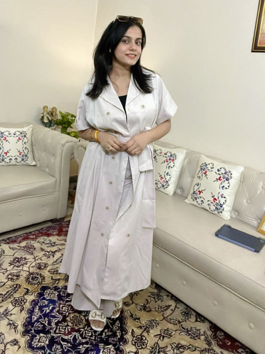 Premium Fashion Lapel Pleated Long Coat Beige Co ord Set