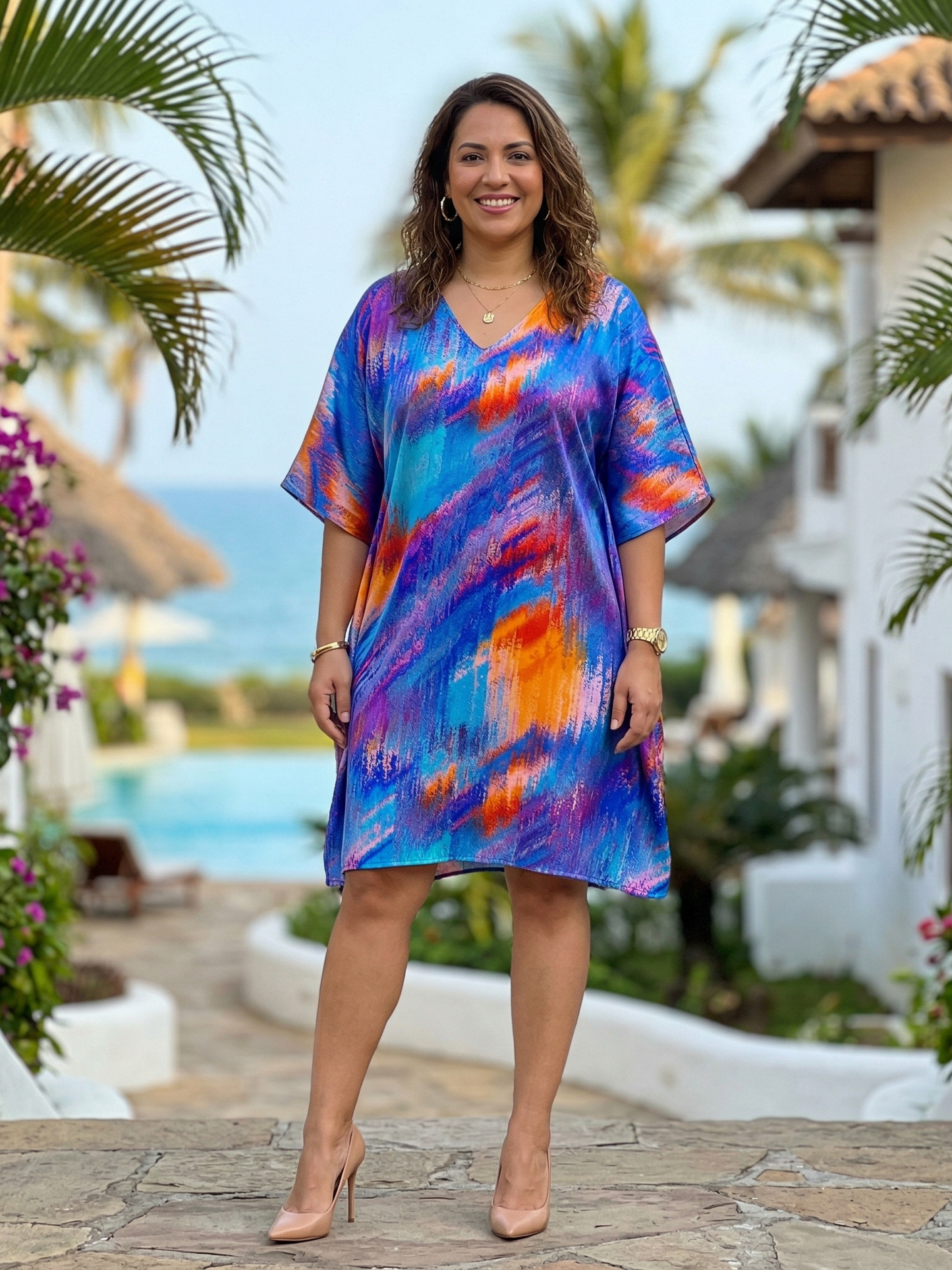 Bright Abstract Print Blue Kaftan Dress