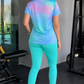 Fabulous Gradient Print | Activewear Coord Set Tshirt With Tummy Tuck Blue Leggings | Multi Sport | Odour Free
