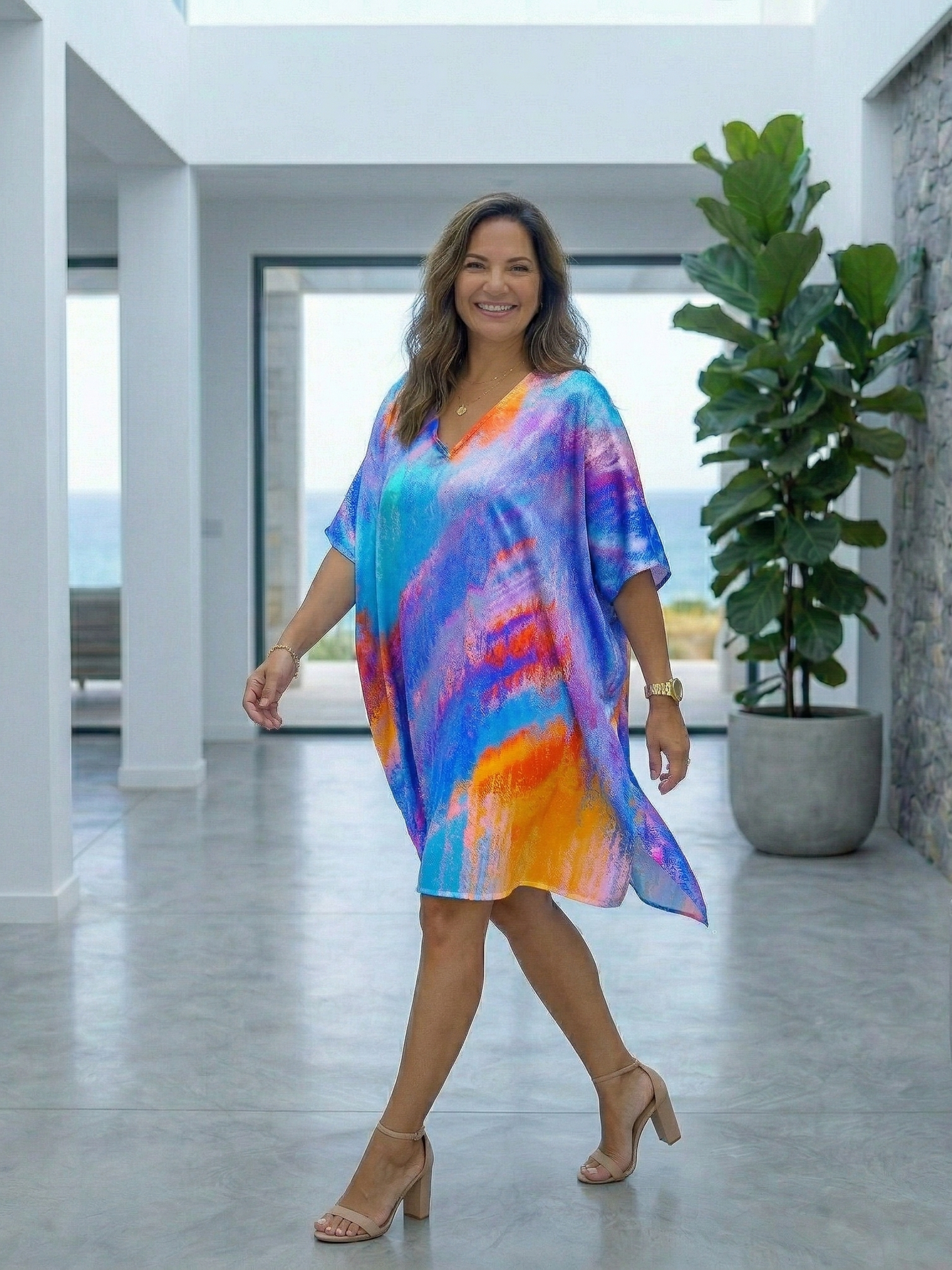 Bright Abstract Print Blue Kaftan Dress