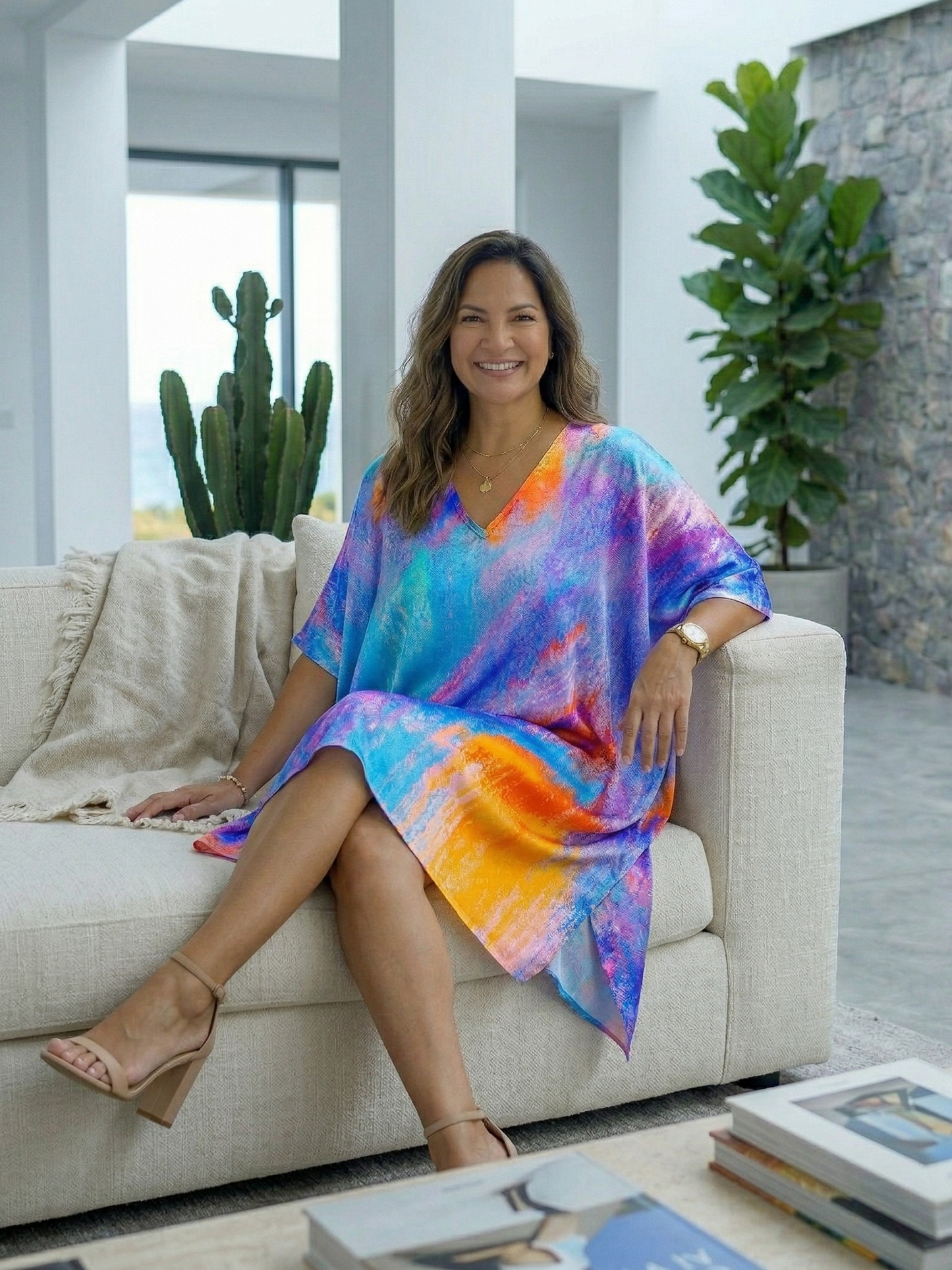 Bright Abstract Print Blue Kaftan Dress