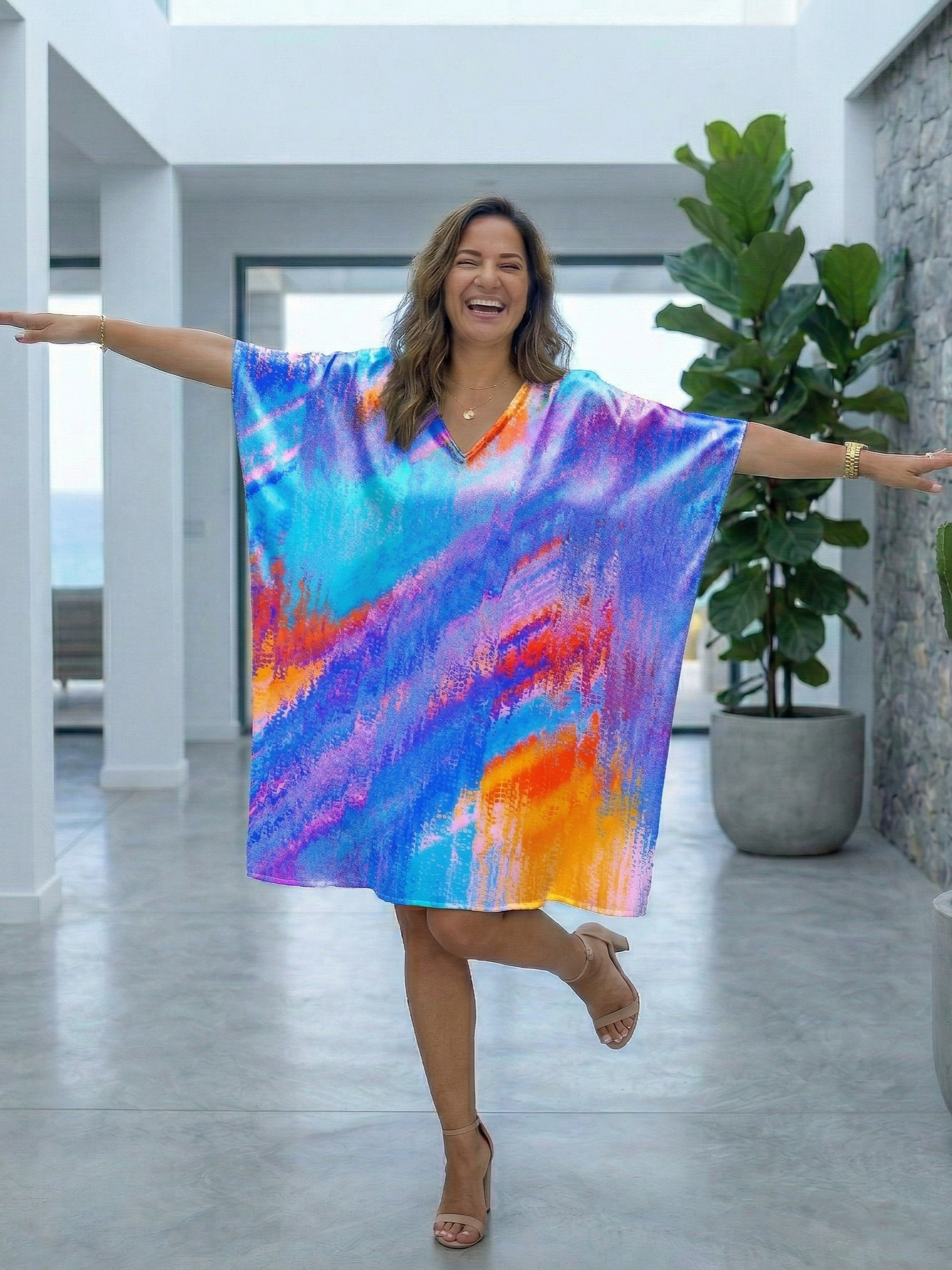 Bright Abstract Print Blue Kaftan Dress