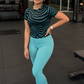 Stylish Aqua Blue Waves on Black Print | Activewear Coord Set Tshirt With Tummy Tuck Leggings | Multi Sport | Odour Free
