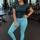 Stylish Aqua Blue Waves on Black Print | Activewear Coord Set Tshirt With Tummy Tuck Leggings | Multi Sport | Odour Free