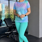 Fabulous Gradient Print | Activewear Coord Set Tshirt With Tummy Tuck Blue Leggings | Multi Sport | Odour Free