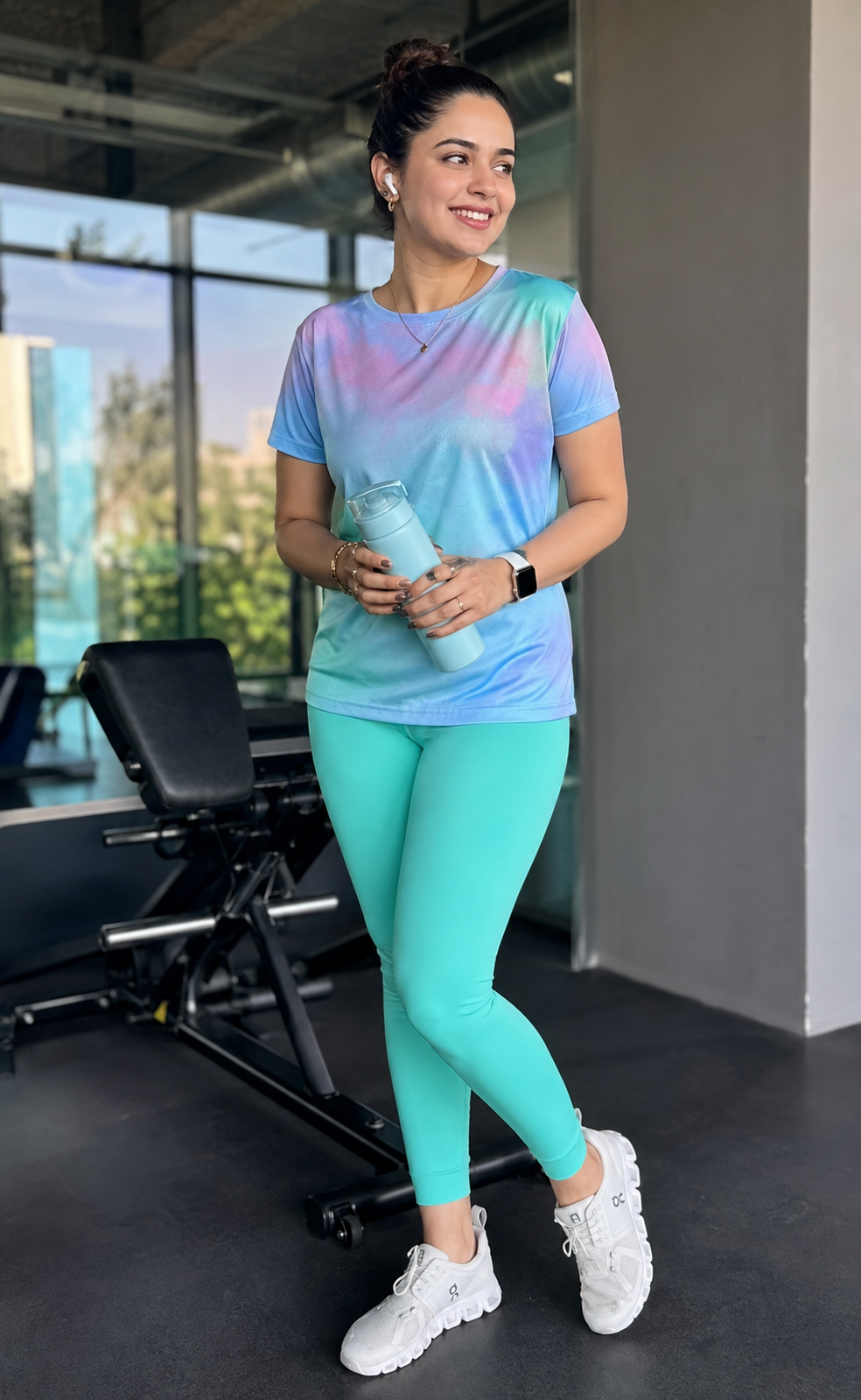 Fabulous Gradient Print | Activewear Coord Set Tshirt With Tummy Tuck Blue Leggings | Multi Sport | Odour Free