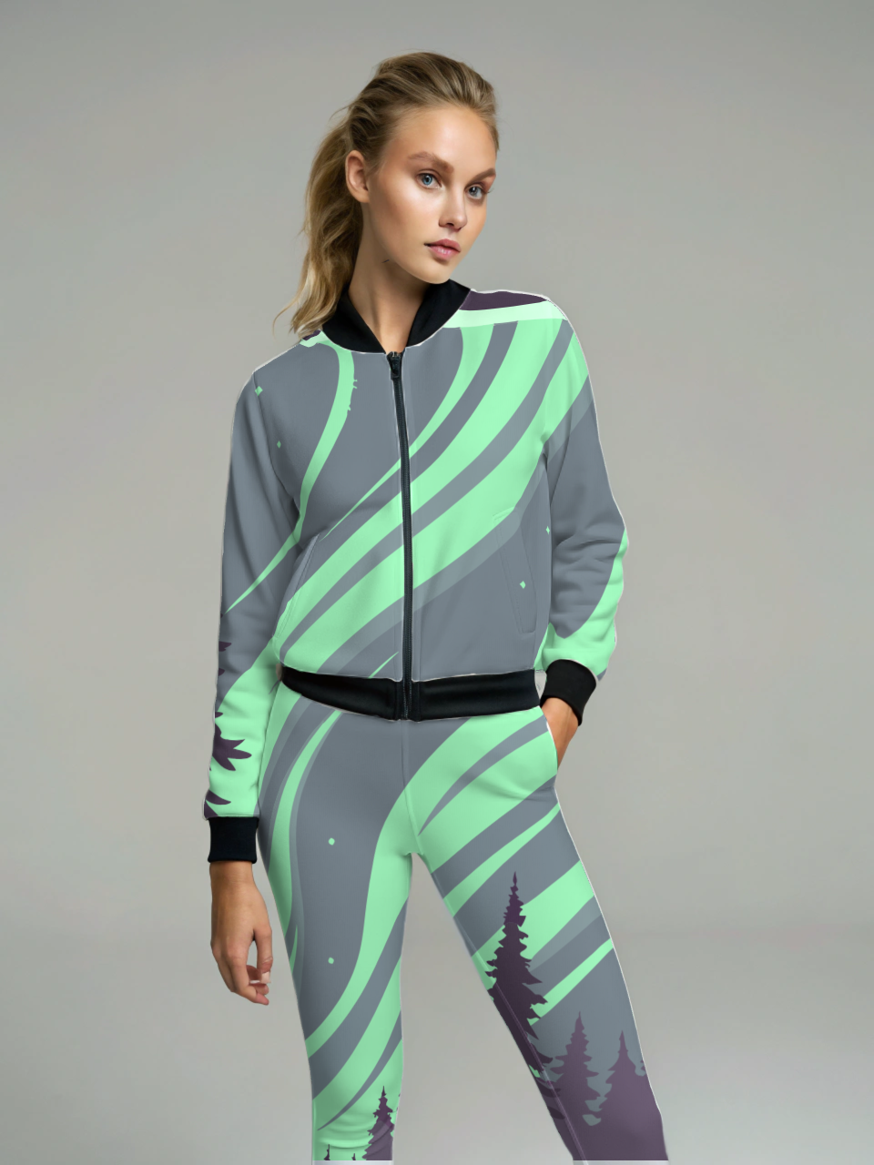 Enchanting Aurora Lights And Forest Print Bomber Jacket With Leggings Co Ord Set