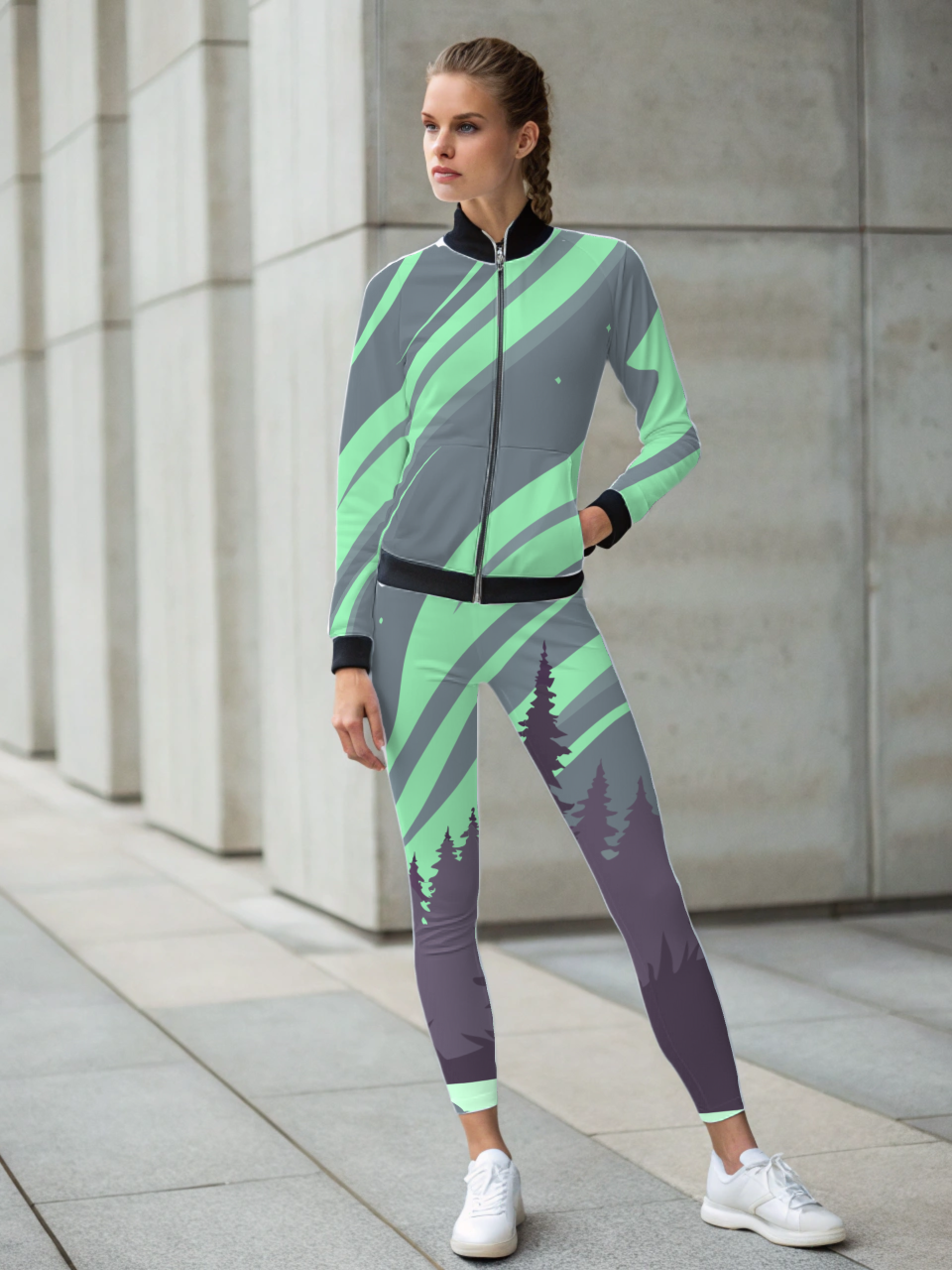 Enchanting Aurora Lights And Forest Print Bomber Jacket With Leggings Co Ord Set
