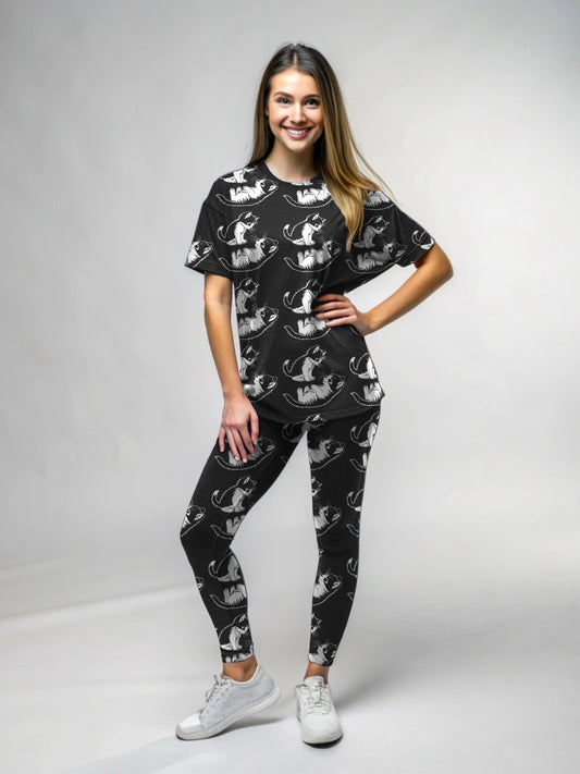 Adorable Cat Couple Print Premium Oversized Tee With Tummy Tuck Body Shaping Leggings Co-ord Set