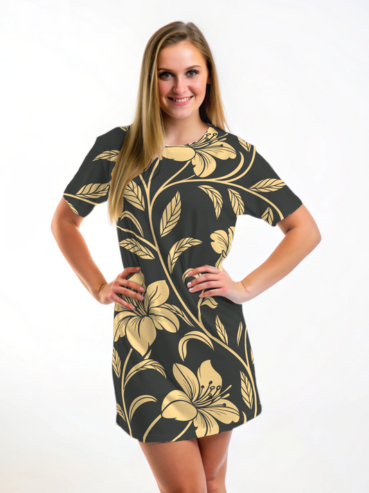 Vintage Black Gold Floral Print T Shirt Dress