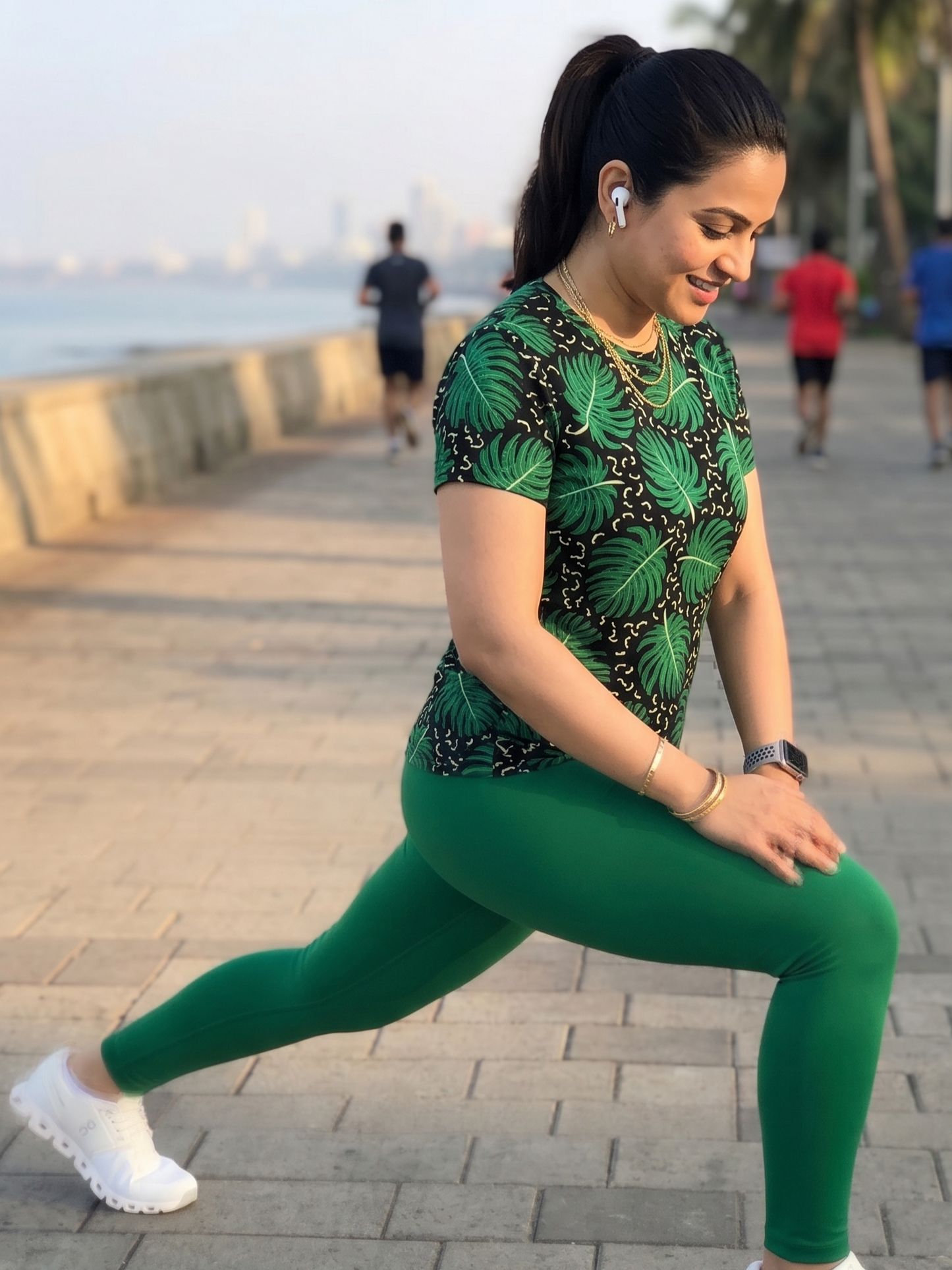 Nature Inspired Leaf Print | Activewear Coord Set Tshirt With Tummy Tuck Green Leggings | Multi Sport | Odour Free
